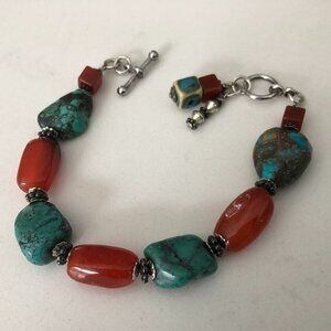 Vintage Semi-Precious Hand Crafted Gemstone Bracelet w Silver Toggle Clasp Sz OS